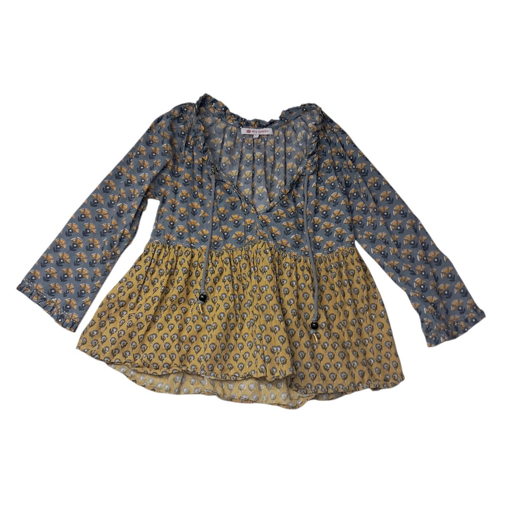 Ro's Garden Top Women's Large Yellow Block Print 100% Cotton Peasant Boho